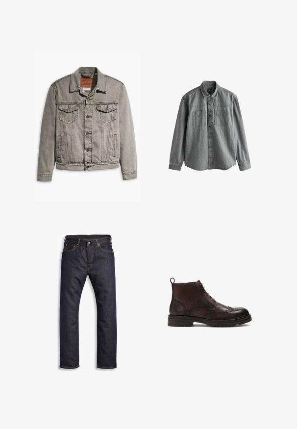Grijze denimjack met een puntige kraag, drie voorkruisen, knoopsluiting en contrasterend stiksel op de mouwen en het lichaam.; Grijze denim overhemd met lange mouwen, knoopsluiting aan de voorkant, twee borstzakken, spitse kraag en gestikte details langs de naden en schouders.; Donkerblauwe denim jeans met rechte snit, vijf zakken, metalen hardware en contrasterende oranje stiksels. Glad oppervlak, geen zichtbare patronen.; Bruine leren enkellaarzen met brogue-details, een ronde neus, vetersluiting en een gestructureerde rubberen zool met een lipje aan de hak.