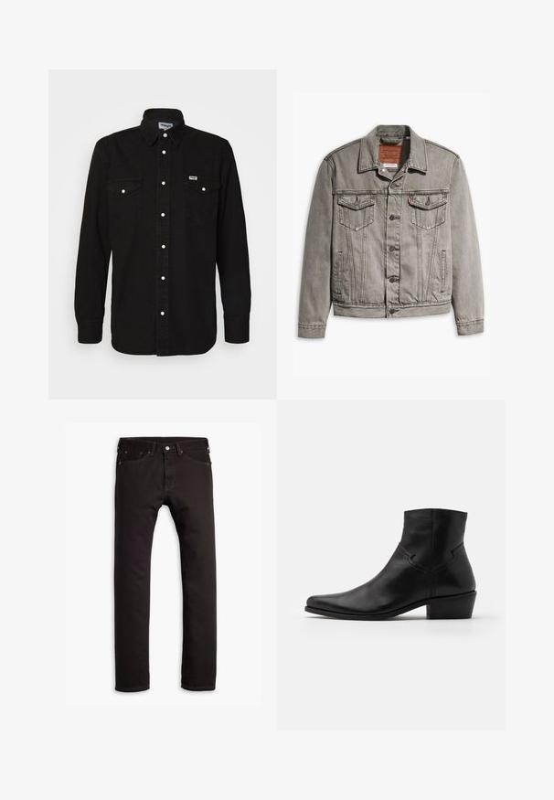 Graue Jeansjacke mit spitzem Kragen, drei Fronttaschen, Knopfverschluss und kontrastierendem Stich auf Ärmeln und Körper.; Schwarzes Button-Up-Hemd mit spitzem Kragen, zwei Brusttaschen, weißen Druckknöpfen und strukturiertem Stoff. Wrangler-Logo auf der linken Brust.; Schwarze schmal geschnittene Jeans mit fünf Taschen und Knopfschluss, flach auf einem weißen Hintergrund präsentiert.; Schwarze Leder-Ankle-Boots mit spitzer Zehenpartie, minimalen Nähdetails, einem mittelhohen Blockabsatz und einer glatten, polierten Oberfläche.