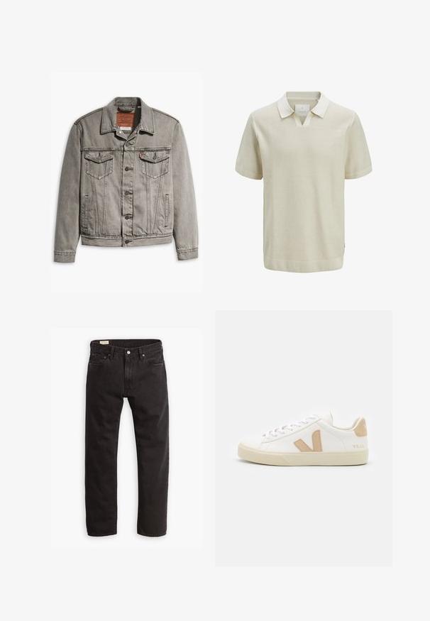 Graue Jeansjacke mit spitzem Kragen, drei Fronttaschen, Knopfverschluss und kontrastierendem Stich auf Ärmeln und Körper.; Beige Poloshirt mit kurzen Ärmeln, strukturiertem Strickmuster, kontrastierendem Kragen und gerippten Bündchen. Verfügt über einen V-Ausschnitt und seitliche Saumakzente.; Schwarze Denim-Jeans mit geradem Bein, ausgestattet mit einem klassischen Fünf-Taschen-Design, subtilen Nähten und einem Metallknopfverschluss.; Weiße Sneaker mit beigen Akzenten, aus glattem Leder, mit runder Zehenform, flacher Gummisohle und Schnürverschluss sowie einem Logo an der Ferse.
