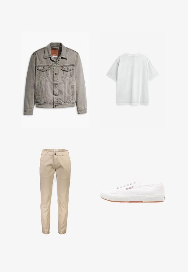 Graue Jeansjacke mit spitzem Kragen, drei Fronttaschen, Knopfverschluss und kontrastierendem Stich auf Ärmeln und Körper.; Hellgraues Baumwoll-T-Shirt mit kurzen Ärmeln, Rundhalsausschnitt und lockerem Schnitt. Verfügt über eine glatte Textur und saubere Nähte entlang der Kanten.; Beige Baumwollhosen mit geradem Bein, ausgestattet mit Vordertaschen, Reißverschluss und einem einzelnen Knopfverschluss. Glatte Textur, ohne Muster.; Weiße Leinensneaker mit Gummisohle, Schnürdesign und einem kleinen Logolabel an der Seite. Strukturierte weiße Oberseite und braune Außensohle.