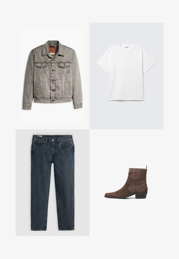Graue Jeansjacke mit spitzem Kragen, drei Fronttaschen, Knopfverschluss und kontrastierendem Stich auf Ärmeln und Körper.; Weißes T-Shirt mit kurzen Ärmeln und Rundhalsausschnitt, flach liegend, schlichtes Design, mit „WEEKDAY“-Etikett innen im Kragen auf hellem Hintergrund.; Dunkelblaue Denim-Jeans mit geradem Bein, fünf Taschen und einem Knopfverschluss. Subtile Ausbleichungen verleihen dem Stoff Textur.; Braune Wildleder-Stiefelette mit spitzem Kopf, niedrigem Blockabsatz und einer Anziehhilfe an der Rückseite für ein einfaches An- und Ausziehen. Glatte Textur und schlichtes Design.