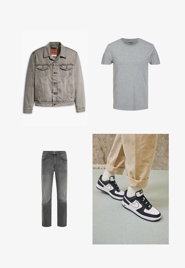 Graue Jeansjacke mit spitzem Kragen, drei Fronttaschen, Knopfverschluss und kontrastierendem Stich auf Ärmeln und Körper.; Grau T-Shirt mit kurzen Ärmeln aus weicher Baumwolle. Mit klassischem Rundhalsausschnitt und normaler Passform. Einfaches Design ohne Muster oder Akzente.; Graue Denim-Jeans mit geradem Schnitt, fünf Taschen-Design und einem dezenten, verblassten Finish. Verfügt über einen Knopf- und Reißverschluss.; Schwarz-weiße Nike Air Force 1 Sneaker mit einem Obermaterial aus Leder, perforierter Zehenpartie und strukturiertem Sohlendesign, getragen mit aufgerollten beigen Hosen und weißen Socken.