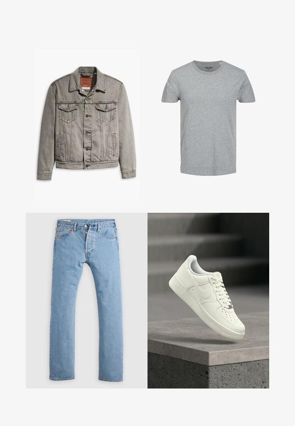 Grijze denimjack met een puntige kraag, drie voorkruisen, knoopsluiting en contrasterend stiksel op de mouwen en het lichaam.; Grijze T-shirt met korte mouwen, gemaakt van zachte katoen. Kenmerkt zich door een klassieke ronde halslijn en een reguliere pasvorm. Eenvoudig ontwerp zonder patronen of accenten.; Lichtblauwe rechte spijkerbroek met knoopsluiting, riemlussen en voor- en achterzakken, weergegeven op een witte achtergrond.; Witte leren sneaker met een laag profiel, een gestructureerd oppervlak, perforaties op de neus en zilverkleurige accenten op de veters en het logo.