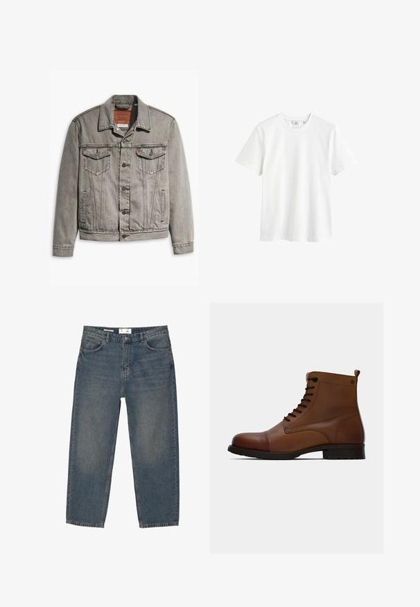 Grå denimjakke med spids krave, tre forlommer, knaplukning og kontraststing på ærmerne og kroppen.; Hvid bomulds t-shirt med rund hals, korte ærmer og en afslappet pasform. Glat tekstur uden synlige mønstre eller detaljer.; Blå denimjeans med en løs pasform, der har et klassisk fem-lomme design og minimal falming. Inkluderer en knaplukning og bæltestropper.; Jack & Jones JFWSHAUN BOOT - Snørestøvletter - cognac