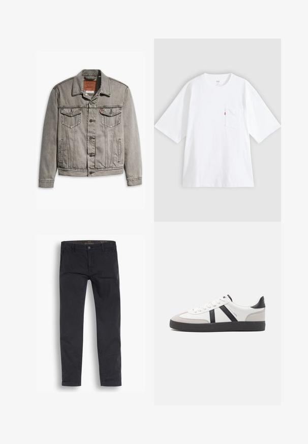 Chaqueta de mezclilla gris con cuello puntiagudo, tres bolsillos frontales, cierre de botones y costuras contrastantes en las mangas y el cuerpo.; Camiseta blanca de algodón con mangas cortas, cuello redondo y bolsillo en el pecho izquierdo. Presenta una pequeña etiqueta con logo rojo en el bolsillo.; Pantalones chinos negros de algodón. Presentan un diseño de pernera estándar, bolsillos frontales y un cierre de botón con una textura suave.; Zapatilla blanca con acentos en negro y gris, que presenta una puntera texturizada en gris, suela de goma negra y cordones planos blancos. Diseño limpio, estilo minimalista.