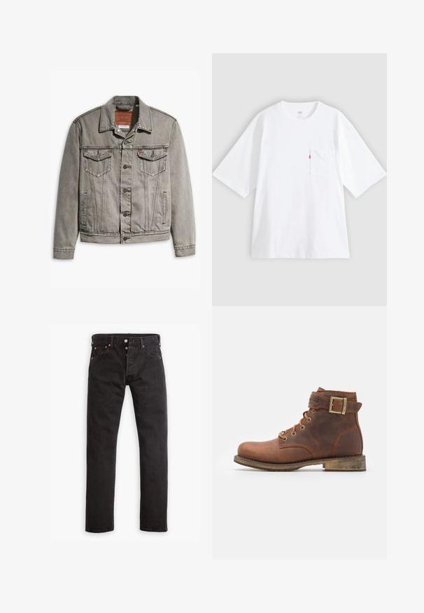 Grijze denimjack met een puntige kraag, drie voorkruisen, knoopsluiting en contrasterend stiksel op de mouwen en het lichaam.; Wit katoenen T-shirt met korte mouwen, ronde hals en een borstzak aan de linkerkant. Heeft een klein rood logotagje op de zak.; Zwarte slim-fit jeans met knoopsluiting, vijf zakken en koperen klinknagels, plat gelegd op een witte achtergrond.; Harley Davidson VNTGMOTO SHORT RIDING APPROVED - Cowboy-/Bikerlaarsjes - brown