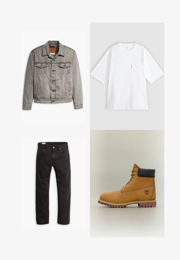 Grå denimjakke med spids krave, tre forlommer, knaplukning og kontraststing på ærmerne og kroppen.; Hvid bomulds-T-shirt med korte ærmer, rund hals og lomme på venstre bryst. Har en lille rød logoetiket på lommen.; Sorte denim jeans med lige ben, der har et klassisk fem-lomme design, subtil syning og en metal knaplukning.; Brun læderankelstøvle med sort krave, gule snørebånd og tanfarvet sål. Har logo og hvide syninger som detalje. Robust ydersål med greb.