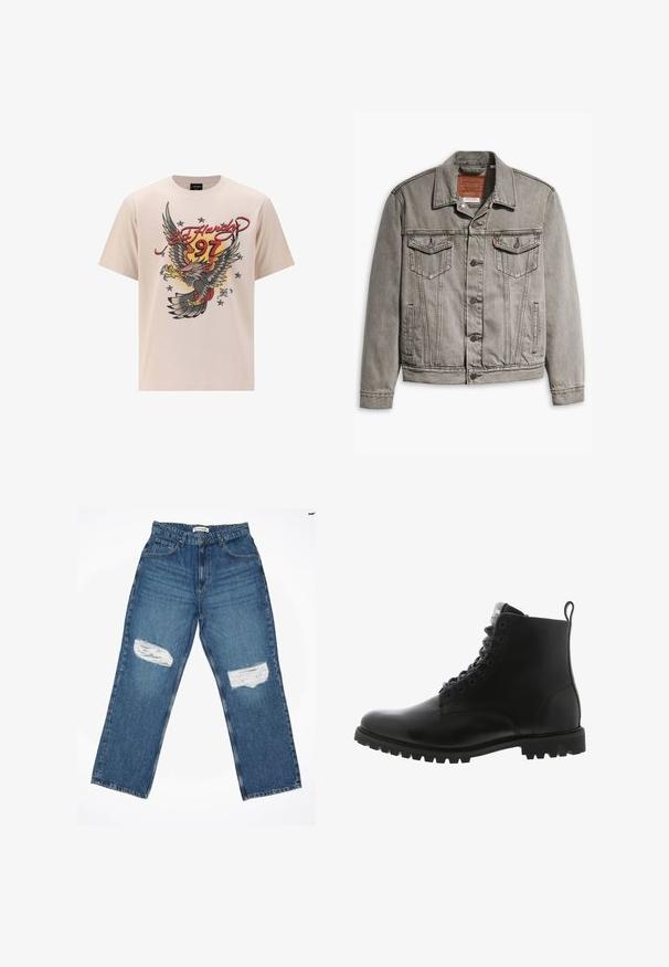 Grå denimjakke med spids krave, tre forlommer, knaplukning og kontraststing på ærmerne og kroppen.; Beige bomulds t-shirt med et stort ørnergrafik med røde og gule accenter, "Ed Hardy" tekst og stjerner i et struktureret printdesign.; Lyseblå denimjeans med lige ben, der har to slidte knælapper og standard fem-lomme design.; Sort læder ankelstøvle med rund tå, snørebåndsfront, robust sål og en løkke på bagsiden til nem påtagning.