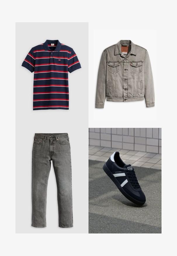 Graue Jeansjacke mit spitzem Kragen, drei Fronttaschen, Knopfverschluss und kontrastierendem Stich auf Ärmeln und Körper.; Navyblaues Poloshirt mit rot-weißen horizontalen Streifen, drei Knöpfen am Kragen und kleinem Levi's-Logo auf der Brust. Aus weichem Baumwollmaterial.; Graue Jeans aus Denim mit geradem Bein, ausgestattet mit fünf Taschen, kupfernen Nieten und sichtbaren Nähten. Klassisches Design mit Reißverschluss.; Schwarze Leder-Sneaker mit weißen Streifen, strukturiertem Gummisohle und Schnürung. Verfügt über ein Markenetikett auf der Zunge.