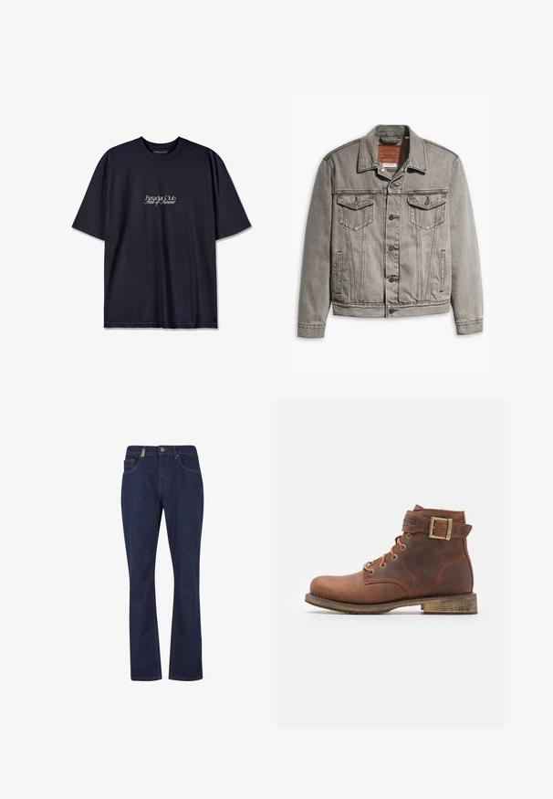 Grå denimjakke med spids krave, tre forlommer, knaplukning og kontraststing på ærmerne og kroppen.; Sort bomulds t-shirt med rund hals, prydet med et hvidt trykt logo "Pescador Club" og "Scent of Summer" på fronten. Korte ærmer.; Mørkeblå jeans med lige ben, foran med knap og lynlås, med forreste og bageste lommer samt synlige sømdetaljer.; Harley Davidson VNTGMOTO SHORT RIDING APPROVED - Cowboy- / bikerstøvlette - brown