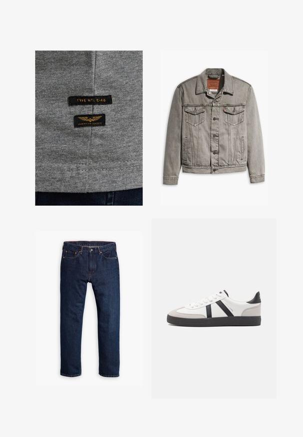 Graue Jeansjacke mit spitzem Kragen, drei Fronttaschen, Knopfverschluss und kontrastierendem Stich auf Ärmeln und Körper.; Grauer Baumwollstoff mit zwei schwarzen Etiketten. Auf einem Etikett steht "TYPE N°: C-46" und auf dem anderen "AMERICAN CLASSIC" mit goldener Stickerei.; Person, die dunkelblaue Jeans mit geradem Bein, weiße Sneakers und einen olivgrünen Pullover trägt, Hände in den Taschen, steht vor einem grauen Hintergrund.; Weiße Sneaker mit schwarz- und grau-aczenten, ausgestattet mit einer strukturierten grauen Zehenkappe, schwarzer Gummi-Sohle und flachen weißen Schnürsenkeln. Sauberes Design, minimalistische Stil.
