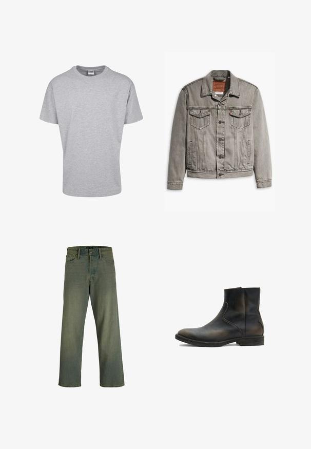Grijze denimjack met een puntige kraag, drie voorkruisen, knoopsluiting en contrasterend stiksel op de mouwen en het lichaam.; Grijze katoenen t-shirt met een ronde halslijn en korte mouwen. Eenvoudig ontwerp, geen patronen of accenten. Klassieke ontspannen pasvorm.; Groene jeans met wijde pijpen, vijf zakken en riemlussen, knoopsluiting en zichtbare stiksels, afgebeeld op een witte achtergrond.; AllSaints LANG - Lage laarzen - brown