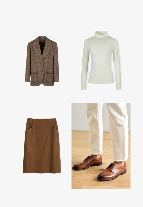 Blazer marrón en espiga hecho de tejido texturizado, con grandes solapas, dos botones y dos bolsillos frontales.; Suéter de cuello alto en color crema claro, confeccionado en un material suave y acanalado; diseño ajustado con mangas largas y dobladillo texturizado. Sin patrones ni adornos.; Falda de algodón marrón con cintura ajustada, dos bolsillos laterales y corte recto. La tela tiene una textura suave y un brillo sutil.; Zapatos brogue de cuero marrón con detalles perforados, punta redondeada y un acabado suave, combinados con pantalones de color crema con dobladillo desflecado.