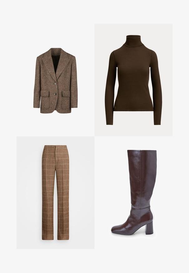 Brun hørfrakke i herringbone-mønster lavet af tekstureret stof, med store revers, to knapper og to forlommer.; Mørkebrunt langærmet ribstrikket polotrøje med tætsiddende silhuet og lille logo nær den nederste kant foran på venstre side.; Brune ternede bukser med lige ben, pressefold foran, diskret ternet mønster og tilpasset linning, vist mod en ensfarvet hvid baggrund.; Brune læder knæhøje støvler med firkantet tå og en chunky hæl. Finishen er blank, hvilket fremhæver den glatte tekstur og designlinjer.