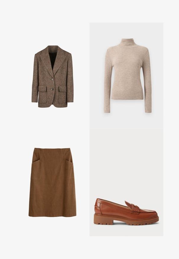 Blazer marrón en espiga hecho de tejido texturizado, con grandes solapas, dos botones y dos bolsillos frontales.; Jersey de cuello alto de manga larga de color beige con canalé, expuesto sobre un fondo blanco liso.; Falda de algodón marrón con cintura ajustada, dos bolsillos laterales y corte recto. La tela tiene una textura suave y un brillo sutil.; Mocasines de piel marrón con diseño de punta de mocasín, costuras visibles y suela de goma gruesa y texturizada. Acento en hardware de tono dorado.