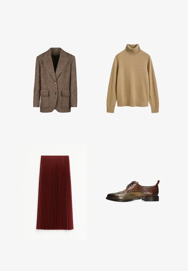 Bruine herringbone blazer gemaakt van textuurstof, met grote revers, twee knopen en twee voorkanten zakken.; Beige lange mouwen coltrui met geribbelde manchetten en kraag, met een klein geborduurd embleem aan de linkerkant van de borst.; Plissé midi-rok in diep rood, met een gestructureerde stof en gelijkmatig verdeelde verticale plooien. De zoom valt rond de middenkuit.; Heren leren wingtip oxfordschoen in bruine en olijfgroene tinten met broguedetails en zwarte veters op een lage hak.