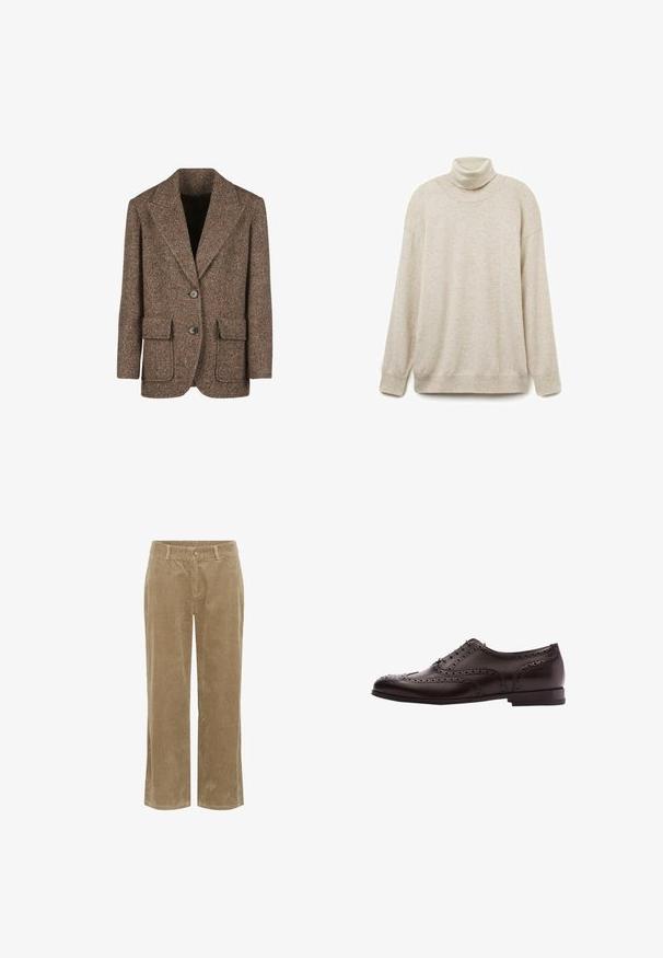 Brauner Glencheck-Blazer aus strukturiertem Stoff, mit großen Revers, zwei Knöpfen und zwei vorderen Taschen.; Beige Rollkragenpullover aus weichem Stoff, mit lockerer Passform, geripptem Kragen, Bündchen und Saum. Schlichte, strukturierte Oberfläche ohne Muster.; Beige Cordhosen mit Gürtelschlaufen, vorderem Knopf, Reißverschluss und geradem Bein. ; Braune Leder-Hausschuhe mit Broguedetails, Schnürverschluss, runder Zehenform und niedrigem Blockabsatz. Polierte Oberfläche und filigrane Perforationen.