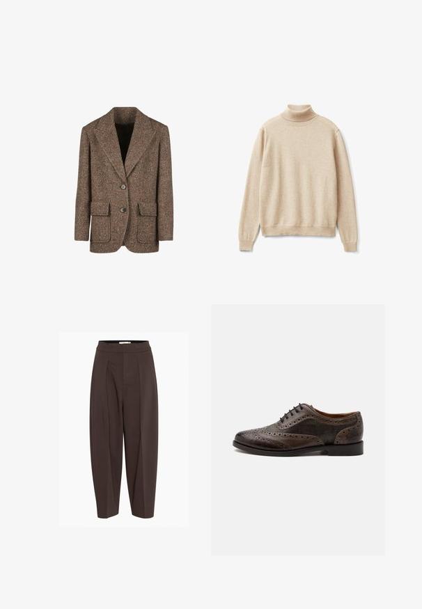 Brauner Glencheck-Blazer aus strukturiertem Stoff, mit großen Revers, zwei Knöpfen und zwei vorderen Taschen.; Beige Rollkragenpullover aus weichem Strickstoff, mit geripptem Kragen und Bündchen, sowie einer lockeren Passform und einem geraden Saum.; Braune, gefaltete Hosen mit hohem Bund, aus einem glatten, strukturierten Stoff und mit schmal zulaufenden Beinen, die eine lockere Passform bieten.; Dunkelbrauner Leder-Wingtip-Brogue-Schuh mit perforierten Details und karierten Stoffeinsätzen, schwarze Sohle und schwarze Schnürsenkel.