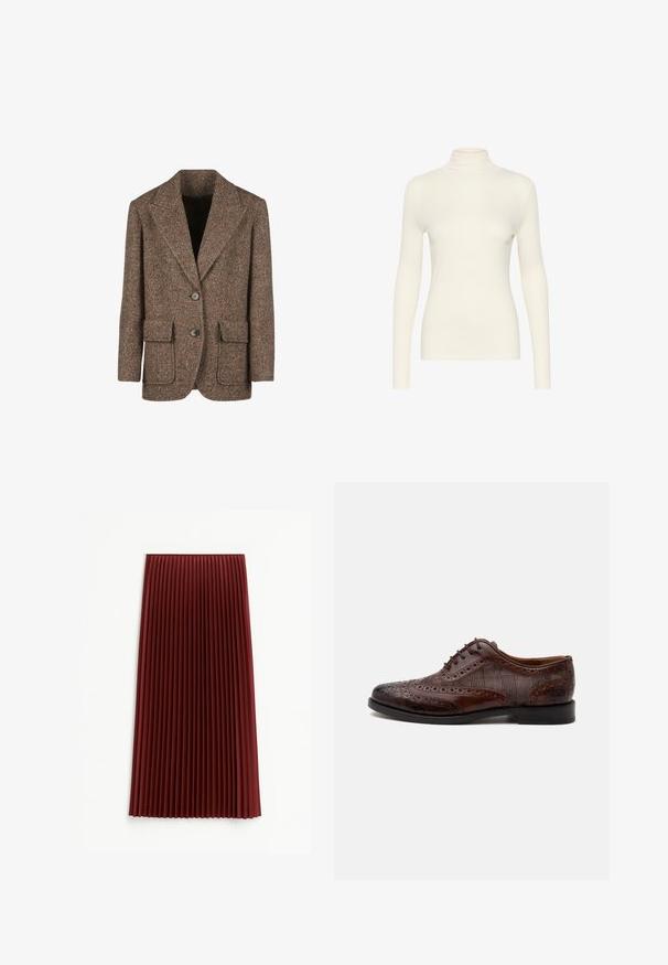 Brun hørfrakke i herringbone-mønster lavet af tekstureret stof, med store revers, to knapper og to forlommer.; Hvid langærmet turtleneck-top, lavet af glat stof med en tætsiddende form, der har en høj krave og et minimalistisk design.; Plisseret midi-nederdel i dyb rød, med et tekstureret stof og jævnt fordelte vertikale folder. Kanten falder omkring midt på læggen.; Brun læder herre wingtip selskabssko med brogue-detaljer og ternede stofsider, vist fra siden på en hvid baggrund.