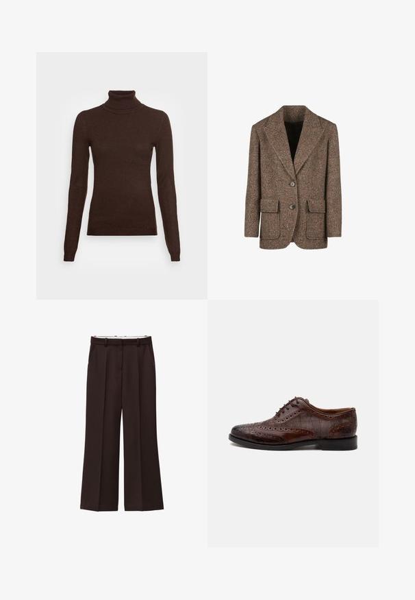 Brun hørfrakke i herringbone-mønster lavet af tekstureret stof, med store revers, to knapper og to forlommer.; Vero Moda Tall VMHAPPINESS ROLLNECK - Striktrøje - coffee bean; Viddebukser i mørkebrun stof, med høj talje, dobbelte læg og sidelommer. Glat tekstur med bæltestropper.; Brun læder herre wingtip selskabssko med brogue-detaljer og ternede stofsider, vist fra siden på en hvid baggrund.