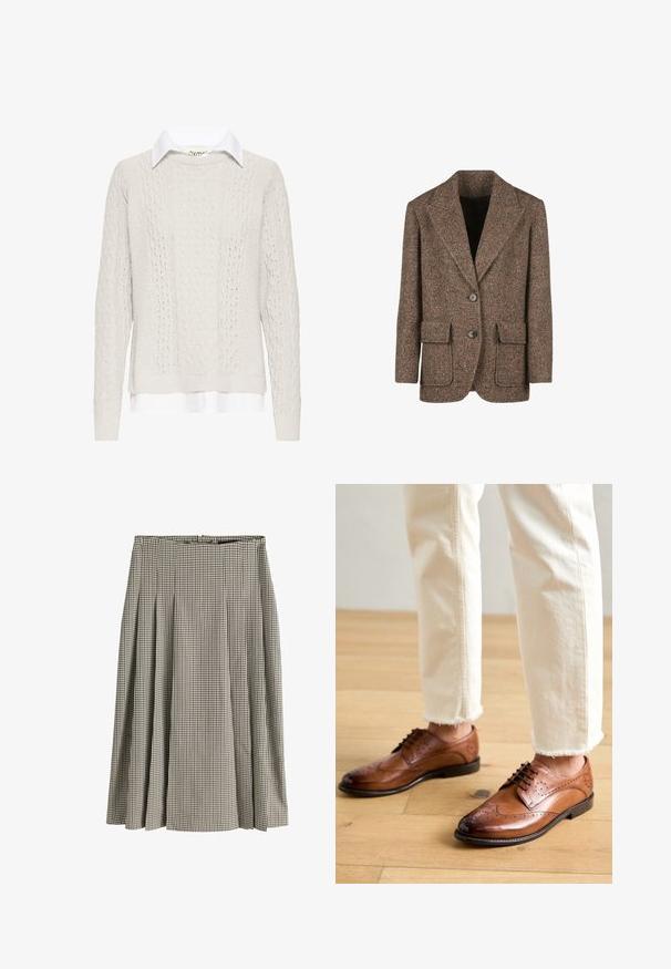 Blazer en chevrons marron en tissu texturé, avec de grands revers, deux boutons et deux poches à l'avant.; Pull crème en maille torsadée avec une chemise à col blanc en dessous. Comprend des manches longues, des poignets et un ourlet côtelés. Motif tricoté texturé.; Jupe plissée mi-longue avec motif pied-de-poule noir et blanc, taille haute et tissu structuré.; Chaussures brogues en cuir marron avec des détails perforés, bout arrondi et finition lisse, associées à un pantalon crème à ourlet effiloché.