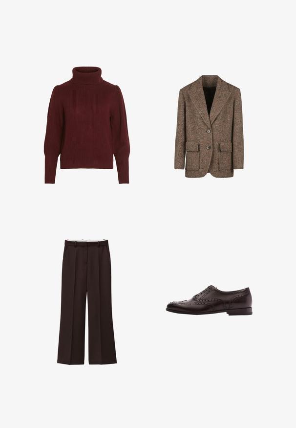 Blazer marrón en espiga hecho de tejido texturizado, con grandes solapas, dos botones y dos bolsillos frontales.; Suéter de punto burdeos con cuello alto, textura acanalada, mangas largas y detalles fruncidos en los hombros.; Pantalones de pierna ancha en tela marrón oscuro, con cintura alta, pinzas dobles y bolsillos laterales. Textura suave con pasadores para cinturón.; Zapato de vestir de cuero marrón con detalles de brogue, cierre con cordones, puntera redondeada y un tacón bajo apilado. Acabado pulido y perforaciones intrincadas.