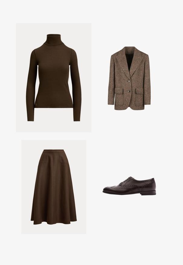 Blazer marrón en espiga hecho de tejido texturizado, con grandes solapas, dos botones y dos bolsillos frontales.; Jersey de cuello alto acanalado de manga larga en marrón oscuro con silueta ajustada y pequeño logo cerca del dobladillo inferior en el lado frontal izquierdo.; Falda línea A de lino marrón con diseño de cintura alta, que cuenta con dos bolsillos delanteros y una textura lisa, que cae por debajo de la rodilla.; Zapato de vestir de cuero marrón con detalles de brogue, cierre con cordones, puntera redondeada y un tacón bajo apilado. Acabado pulido y perforaciones intrincadas.