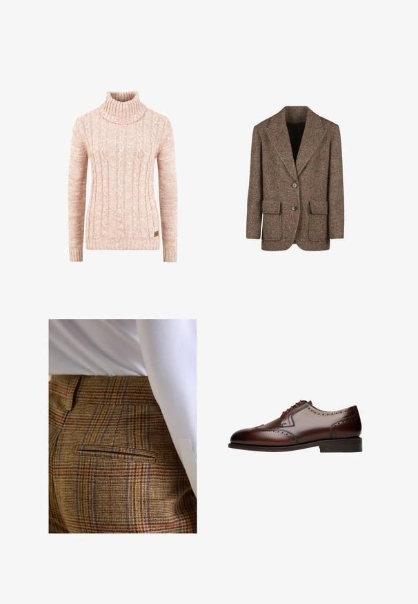 Bruine herringbone blazer gemaakt van textuurstof, met grote revers, twee knopen en twee voorkanten zakken.; Gebreide coltrui in zacht perzik met een gestructureerd kabelpatroon, lange mouwen en een geweven merklabel aan de zoom.; Bruine geruite broek met een gestructureerde stof. Beschikt over blauwe en rode lijnen, een achterzak en een getailleerde pasvorm. Draagt bij een wit overhemd.; Bruine leren nette schoen met brogue-details, ronde neus en vetersluiting met vijf oogjes, rustend op een platte, gestructureerde zool.