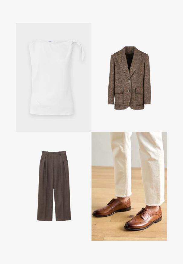 Blazer en chevrons marron en tissu texturé, avec de grands revers, deux boutons et deux poches à l'avant.; Top sans manches blanc avec un col asymétrique et un détail noué sur l'épaule gauche, fabriqué à partir d'un tissu lisse et léger.; Pantalon marron taille haute à jambes larges avec passants de ceinture, plis à l'avant et poches latérales, présenté sur un fond blanc.; Chaussures brogues en cuir marron avec des détails perforés, bout arrondi et finition lisse, associées à un pantalon crème à ourlet effiloché.
