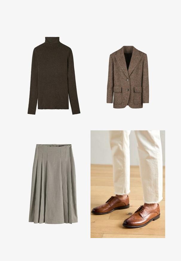 Brun hørfrakke i herringbone-mønster lavet af tekstureret stof, med store revers, to knapper og to forlommer.; Mørkebrunt turtleneck top lavet af blød, struktureret stof. Har lange ærmer og en tætsiddende pasform, med en glat halsudskæring.; Midlang plisseret nederdel med sort og hvid hundetandsmønster, høj talje og struktureret stof.; Brune læder brogue sko med perforerede detaljer, rund tå og en glat overflade, parret med cremede bukser med frynset kant.
