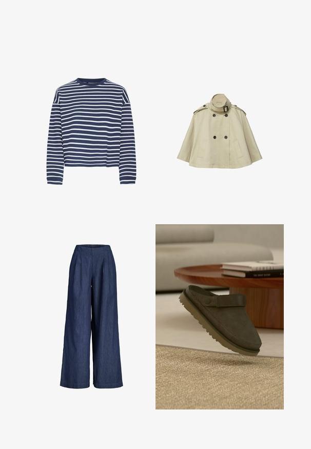 Beige cropped trenchcoat med dobbeltradede sorte knapper, høj krave med spænde, skulderklapper og to sidelommer.; Marineblå langærmet top med hvide vandrette striber, rund halsudskærkning og cropped kant. Stoffet ser blødt ud med en tekstureret finish.; Mørkeblå brede bukser i linnedblanding med elastik i taljen og diskrete læg foran.; Mørkegrøn ruskind slip-on sko med en tekstureret overdel og en rem over vristen, udstyret med en gummisål med multidirektionelt mønster.