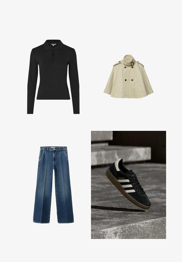 Beige cropped trenchcoat med dobbeltradede sorte knapper, høj krave med spænde, skulderklapper og to sidelommer.; Langærmet sort polo shirt lavet af ribbet stof, med en klassisk krave og en tre-knaps placket foran.; Bredbenede blå denimjeans med høj talje, der har forlommer, knaplukning og et let falmet mønster på stoffet.; Sort Adidas-sneaker med hvide striber og gummisåler, svævende over grå betontrapper i naturligt lys.