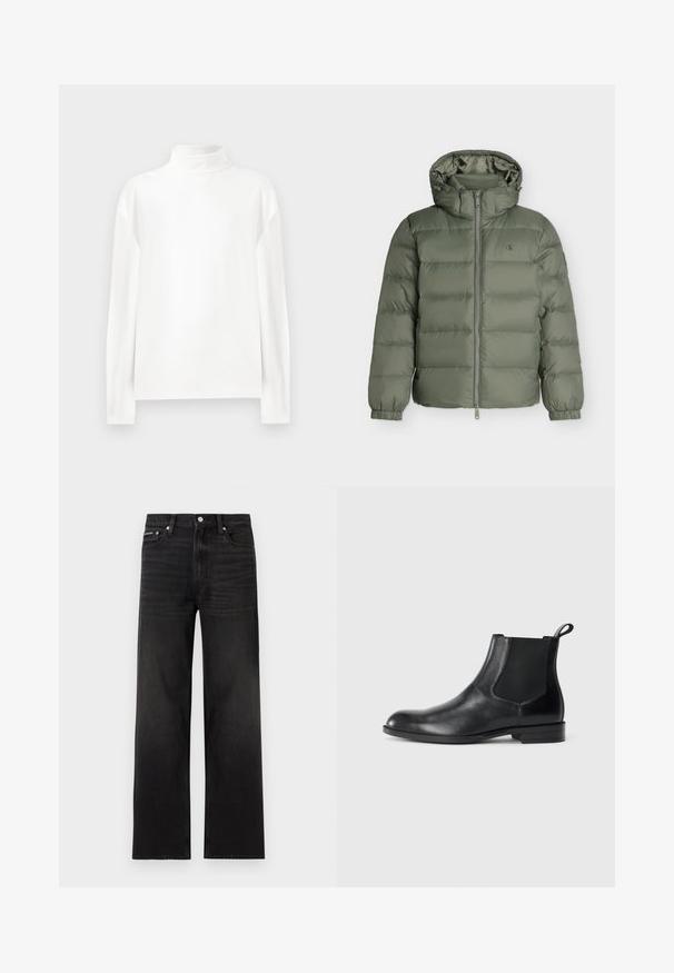 Veste matelassée vert olive avec capuche, fermeture éclair complète à l'avant, poignets élastiques et petit logo sur la poitrine gauche et la manche.; Haut à manches longues blanc en col roulé avec une texture lisse, présentant un col haut et des coutures d'épaule tombantes pour un ajustement décontracté.; Jean noir droit avec cinq poches, passants pour ceinture et fermeture par bouton, présenté sur un fond blanc.; Bottine en cuir noir avec des panneaux latéraux élastiques, bout rond et tirette. Texture lisse, semelle plate, design minimaliste.
