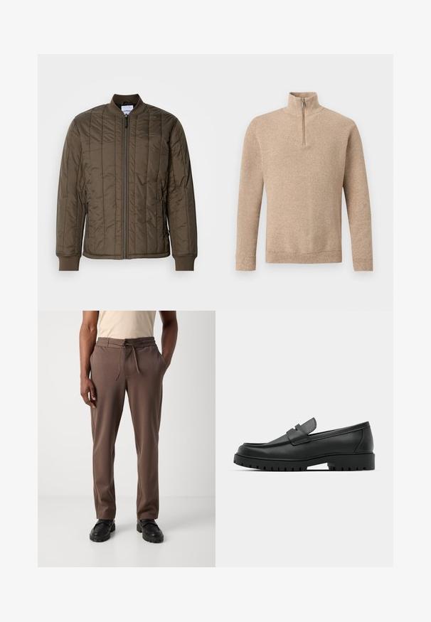 Cazadora bomber acolchada en un verde oliva oscuro, con cierre de cremallera en la parte frontal, puños acanalados y dos bolsillos laterales. Material suave y ligero.; Jersey beige de punto texturizado con mangas largas y una cremallera corta en la parte delantera que se extiende hasta un cuello alzado, mostrado sobre un fondo liso.; Hombre con pantalones marrones con cordón y zapatos negros de pie sobre un fondo blanco liso.; Mocasines de cuero negro con punta redonda, que cuentan con un diseño cosido, suela de plataforma baja y una suela de goma texturada y con tacos.