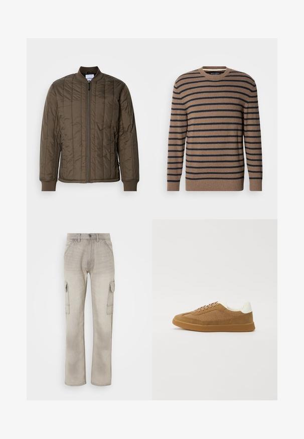 Blouson matelassé en vert olive foncé, avec une fermeture éclair sur le devant, des poignets côtelés et deux poches latérales. Matériau lisse et léger.; Pull rayé marron et marine avec un col rond, des manches longues et des poignets côtelés, fabriqué en maille douce.; Pantalons cargo beiges en denim, dotés de deux poches latérales, d'une coupe droite et de coutures visibles. Fini texturé avec un aspect délavé.; Baskets avec une tige en mesh et en suède marron, accent blanc au talon, semelle plate en caoutchouc et lacets marron. Col rembourré pour le confort.