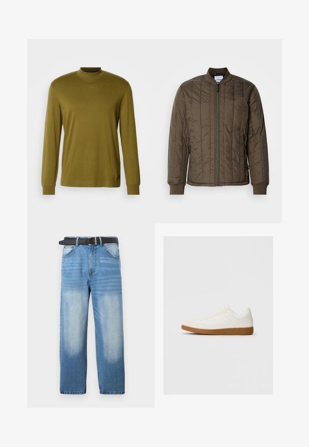 Quilted Bomberjacke in dunkelolivgrün, mit durchgehendem Reißverschluss, gerippten Bündchen und zwei seitlichen Taschen. Glattes, leichtes Material.; Olivengrünes Langarm-Turtleneck-Shirt aus weicher Stoff, mit taillierter Passform und geripptem Kragen sowie Ärmeln.; Hellblaue Denim-Jeans mit geradem Bein, ausgestattet mit einem schwarzen Gürtel, ausgewaschenen Stellen und subtiler diagonaler Textur im oberen Bereich.; Weißer Sneaker mit einer Wildleder-Zehenkappe, glattem Synthetik-Obermaterial und einer sandfarbenen Gummisohle. Verfügt über Perforationen an den Seiten für Atmungsaktivität.