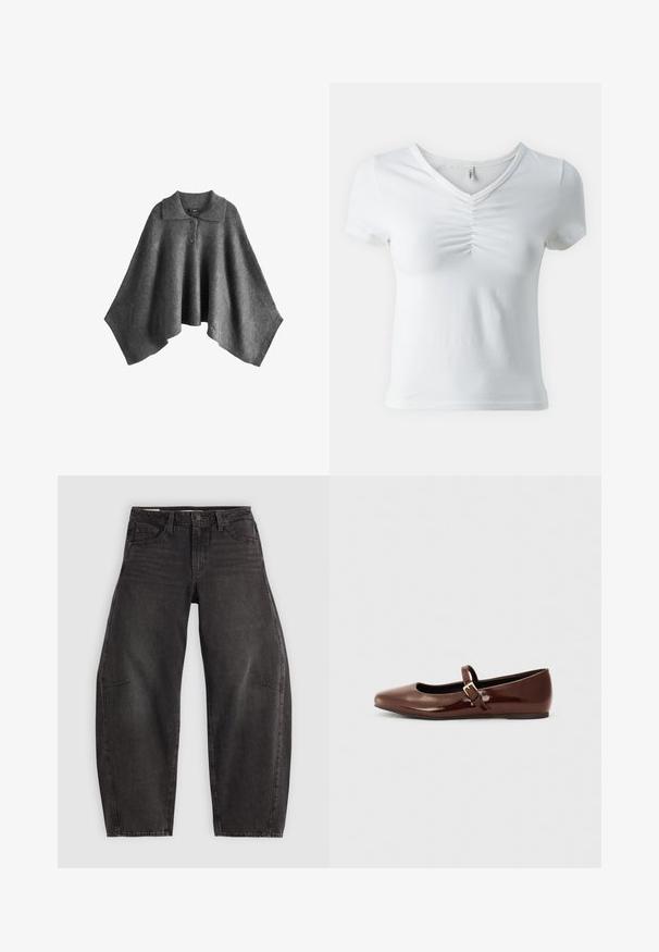 Grå uld poncho med krave, der har en knaplukning ved halsen og en løs, draperet form. Blød tekstur uden synlige mønstre.; Hvid kortærmet T-shirt med V-hals og sammenfoldet detalje ved midten af barmen. Lavet af blødt, letvægts stof. Klassisk pasform.; Sorte denim jeans med en afslappet pasform, der har fem lommer, knaplukning og subtil fading. Stoffet har en glat, robust tekstur.; Brun patentlæder balletflade med firkantet tå og strop med en lille guldbuckle. Glat tekstur, lav hæl og minimalistisk design.