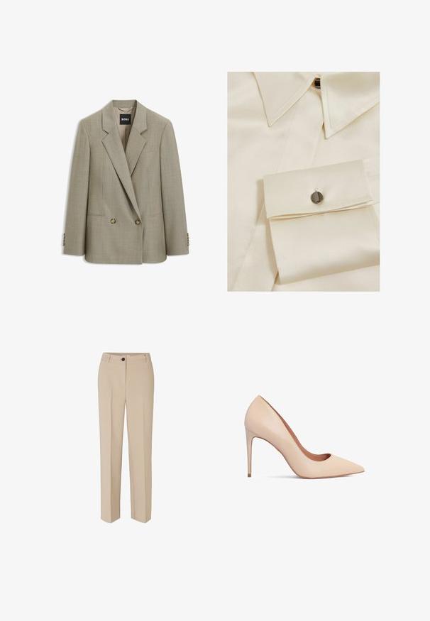 Blazer beige confeccionado a medida con doble botonadura, solapas con muesca, dos botones delanteros, bolsillos con solapa y etiqueta de marca BOSS en el interior del cuello.; Camisa de satén crema con cuello puntiagudo, cierre de botones y puño con un acento de botón negro. Textura suave y diseño estructurado.; Modström GALE - Pantalones - powder sand; Zapato de tacón alto de cuero beige con punta afilada y textura suave. Presenta un tacón de aguja delgado y un diseño de escote bajo.