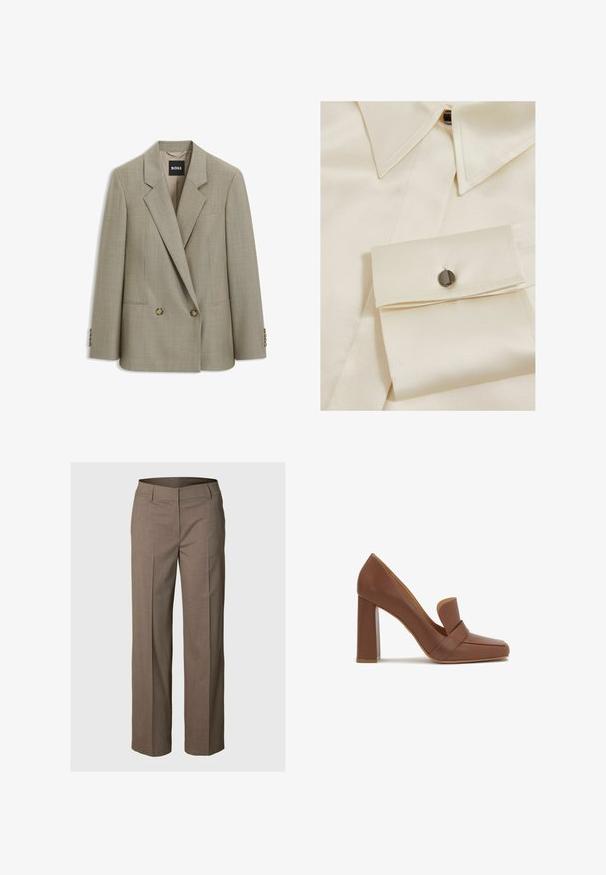 Blazer beige confeccionado a medida con doble botonadura, solapas con muesca, dos botones delanteros, bolsillos con solapa y etiqueta de marca BOSS en el interior del cuello.; Camisa de satén crema con cuello puntiagudo, cierre de botones y puño con un acento de botón negro. Textura suave y diseño estructurado.; Pantalones marrones a medida hechos de una tela suave. Presentan un corte de pierna recta con pliegues frontales y una cinturilla discreta.; Zapato de tacón alto de cuero marrón con punta cuadrada y una correa ancha en la parte frontal. El tacón es de forma rectangular y sólido.