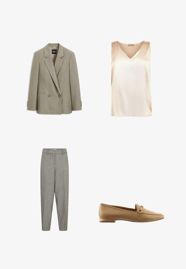 Beige op maat gemaakte double-breasted blazer met inkeping revers, twee voorste knopen, klepzakken en BOSS merklabel binnenin de kraag.; Beige mouwloos topje gemaakt van gladde stof met een v-hals ontwerp en een rechte zoom. Minimalistische stijl zonder extra patronen of accenten.; Grijze gestreepte broek met een taps toelopende pijp, platte voorkant, riemlussen en een gladde textuur. Geen zichtbare zakken of hardwaredetails.; Beige leren instappers met een vlakke hak, voorzien van een decoratieve metalen ring en accentband, een gladde textuur en een rond toel ontwerp.