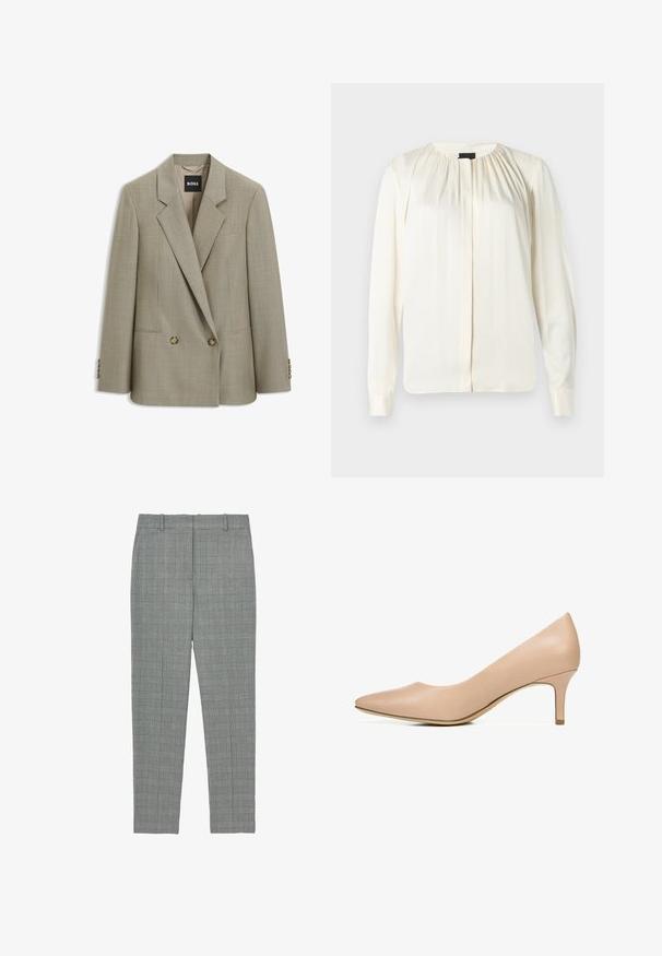 Blazer beige sur mesure à double boutonnage avec revers crantés, deux boutons avant, poches à rabat et étiquette de la marque BOSS à l'intérieur du col.; Blouse à manches longues en soie écrue. Dotée d'un col rond, de douces plis aux épaules et de poignets boutonnés. Texture lisse et design minimaliste.; Pantalons tapered à carreaux gris avec passants de ceinture et devant plat, conçus pour une coupe ajustée.; Escarpin à bout pointu en cuir nude avec un talon fin et une texture lisse ; présente un design discret et de subtils éléments en métal doré.