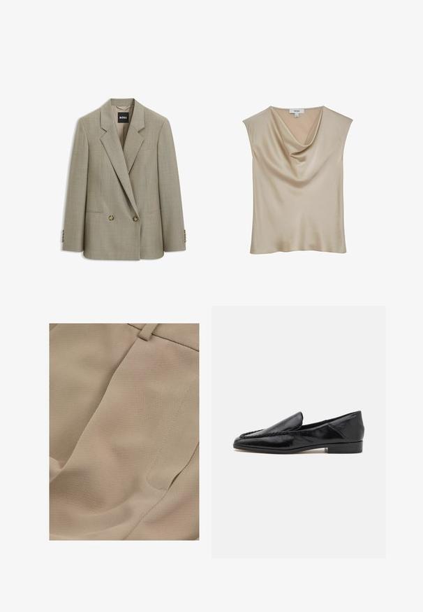 Blazer beige confeccionado a medida con doble botonadura, solapas con muesca, dos botones delanteros, bolsillos con solapa y etiqueta de marca BOSS en el interior del cuello.; Blusa sin mangas de satén beige con cuello cisne, con etiqueta "REISS", mostrada sobre un fondo blanco.; Reiss PETITE FIT - EDEN ELASTICATED WAIST WIDE - Pantalones - mink neutral; Mocasines de cuero negro con un acabado suave, que presentan un diseño cosido a lo largo del borde frontal y un tacón bajo y cuadrado.
