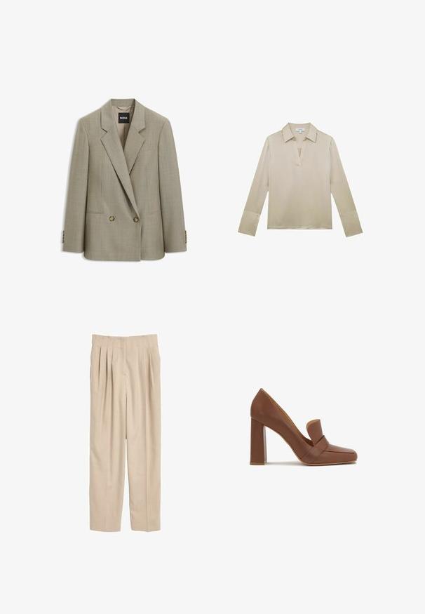 Beige op maat gemaakte double-breasted blazer met inkeping revers, twee voorste knopen, klepzakken en BOSS merklabel binnenin de kraag.; Beige blouse met lange mouwen, V-halskraag en knoopmanchetten, weergegeven op een witte achtergrond.; Beige geplooide broeken van lichte stof. Heeft een rechte snit, een tailleband met stiksel details en geen zichtbare zakken.; Bruine leren hoge hak schoen met een vierkante neus en een brede band over de voorkant. De hak is blokvormig en stevig.