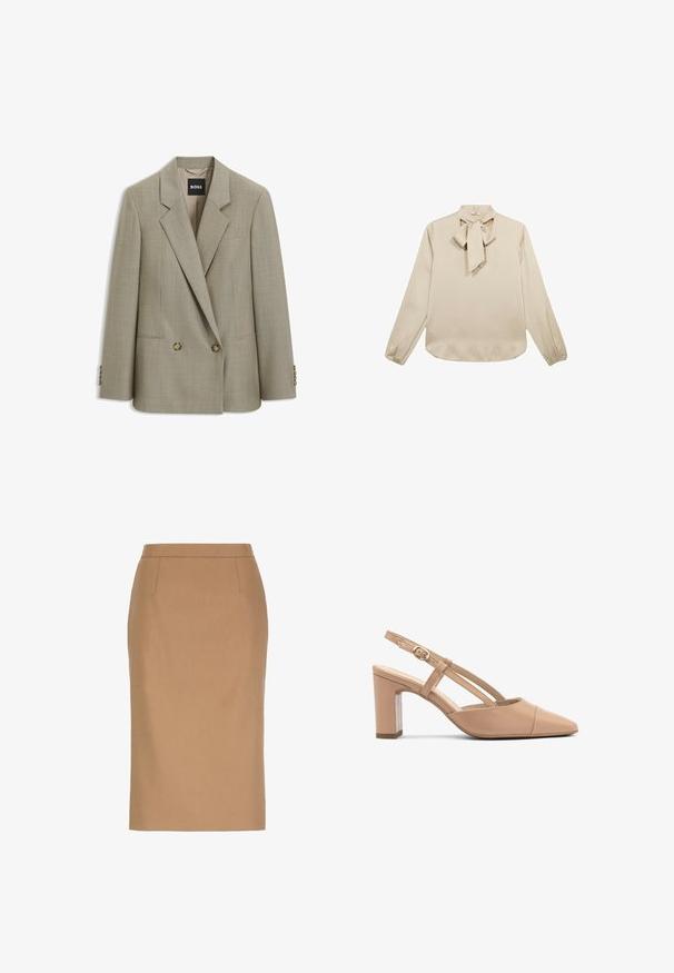 Beiger maßgeschneiderter, doppelt geknöpfter Blazer mit Revers mit Kerbe, zwei vorderen Knöpfen, Pattentaschen und BOSS Markenlabel innen am Kragen.; Beige Bluse mit langen Ärmeln und einer Bindegurtschleife am Halsausschnitt, glatter Textur und gerafften Manschetten, mit einem abgerundeten Saum.; Beiger knielanger Bleistiftrock mit hoher Taille und dezenten Nahtdetails vorne.; Beige Leder Slingback-Absätze mit einer spitzen Zehenform, Blockabsatz und einem Riemen mit einer kleinen goldenen Schnalle. Glatte Textur, minimalistisches Design.