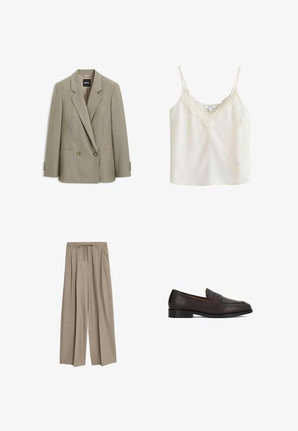 Beige skræddersyet dobbeltradet blazer med hakkede revers, to forreste knapper, klaplommer og BOSS-mærke inde i kraven.; Kremfarvet ærmeløs camisole med tynde stropper og blonder langs V-udskæringen, vist på en ensfarvet baggrund.; Beige højtaljede bukser med en afslappet pasform, der har pletter og en snøre i taljen. Materialet ser ud til at være tekstureret og let.; Brune læderloafers med en glat finish, rundet snude og dekorativ detalje foran. Robust sål og diskret hælhøjde.