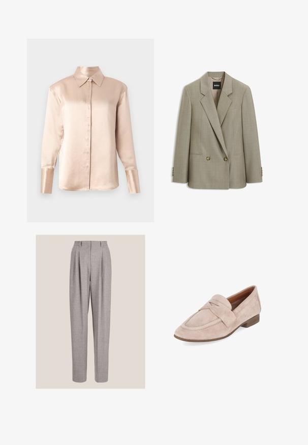 Blazer beige sur mesure à double boutonnage avec revers crantés, deux boutons avant, poches à rabat et étiquette de la marque BOSS à l'intérieur du col.; Blouse en satin beige doux avec un col classique, des manches longues, un devant boutonné et une coupe légèrement oversize. Texture lisse, détails minimalistes.; Pantalon gris sur mesure taille haute avec plis devant et jambes droites, présenté sur un fond neutre.; Mocassin en daim beige à bout pointu, avec un petit talon en bois et une large bride sur le dessus.