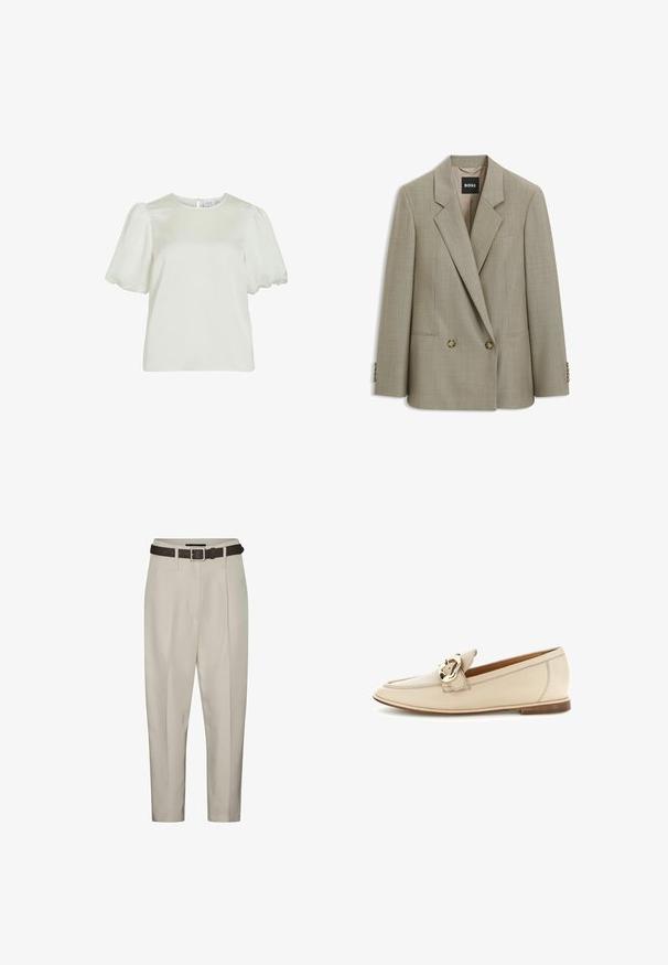 Blazer beige confeccionado a medida con doble botonadura, solapas con muesca, dos botones delanteros, bolsillos con solapa y etiqueta de marca BOSS en el interior del cuello.; Blusa blanca de manga corta con cuello redondo y mangas abullonadas, que presenta un cierre de botones en la parte posterior.; Pantalones beige de corte entallado, con un cinturón marrón, pliegues frontales y bolsillos laterales. Tejido suave con un acabado limpio.; Mocasín de cuero beige con tacón bajo y detalle de hebilla dorada en la parte superior, presentado sobre un fondo blanco.