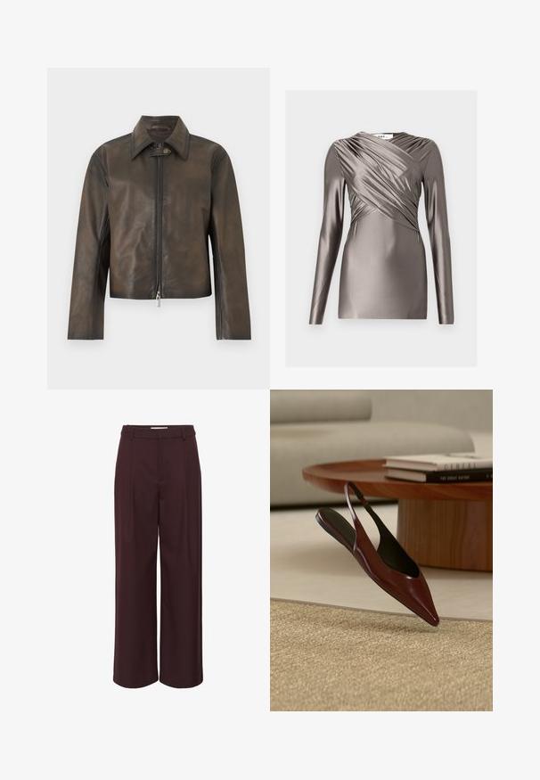 Chaqueta de cuero marrón oscuro con cremallera frontal y solapa de cuello con broche, mangas largas y dobladillo recto.; Top de manga larga en tejido metalizado color topo, con un diseño drapeado en la parte delantera y detalles texturizados en las mangas. Silueta ajustada y suave.; Pantalones de pierna ancha en burdeos profundo, fabricados con una tela suave. Presentan una cintura alta con pliegues y simples pasadores para un look ajustado.; Zapato plano marrón oscuro con punta y talón descubierto, flotando sobre una alfombra beige tejida, con una mesa redonda de madera y libros de fondo.
