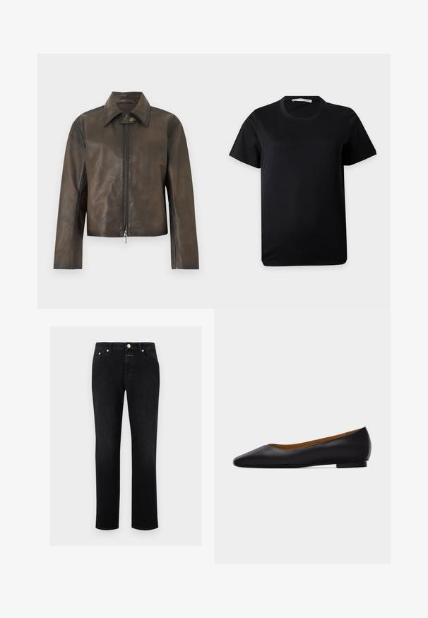 Veste en cuir marron foncé avec fermeture éclair frontale et patte de col à pression, manches longues et ourlet droit.; T-shirt noir uni à manches courtes et col rond, posé à plat sur un fond blanc avec une étiquette de marque visible à l'intérieur du col.; Jean noir à jambe droite avec cinq poches, fermeture à bouton et passants pour ceinture, présenté sur un fond blanc.; Chaussure plate en cuir noir à bout pointu avec talon bas et finition lisse, vue de côté sur un fond gris clair.