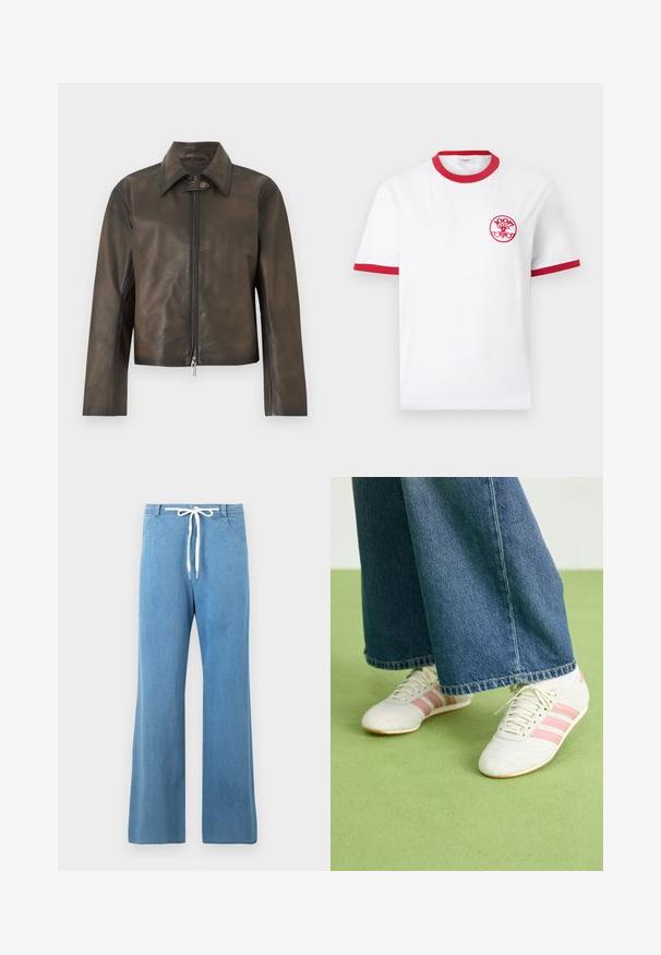 Mørkebrun læderjakke med lynlås foran og knappet kraveflip, lange ærmer og en lige kant.; Hvid T-shirt med korte ærmer, rød krave og ærmekanter, med en lille rød cirkulær "JOOP! Jeans"-logo på venstre bryst.; Lyseblå denimbukser med vide ben, forlommer og en hvid snøre i taljen.; Hvide sportsko med lyserøde striber, tekstureret læder og flad gummisål, parret med brede denimbukser på et grønt gulv.